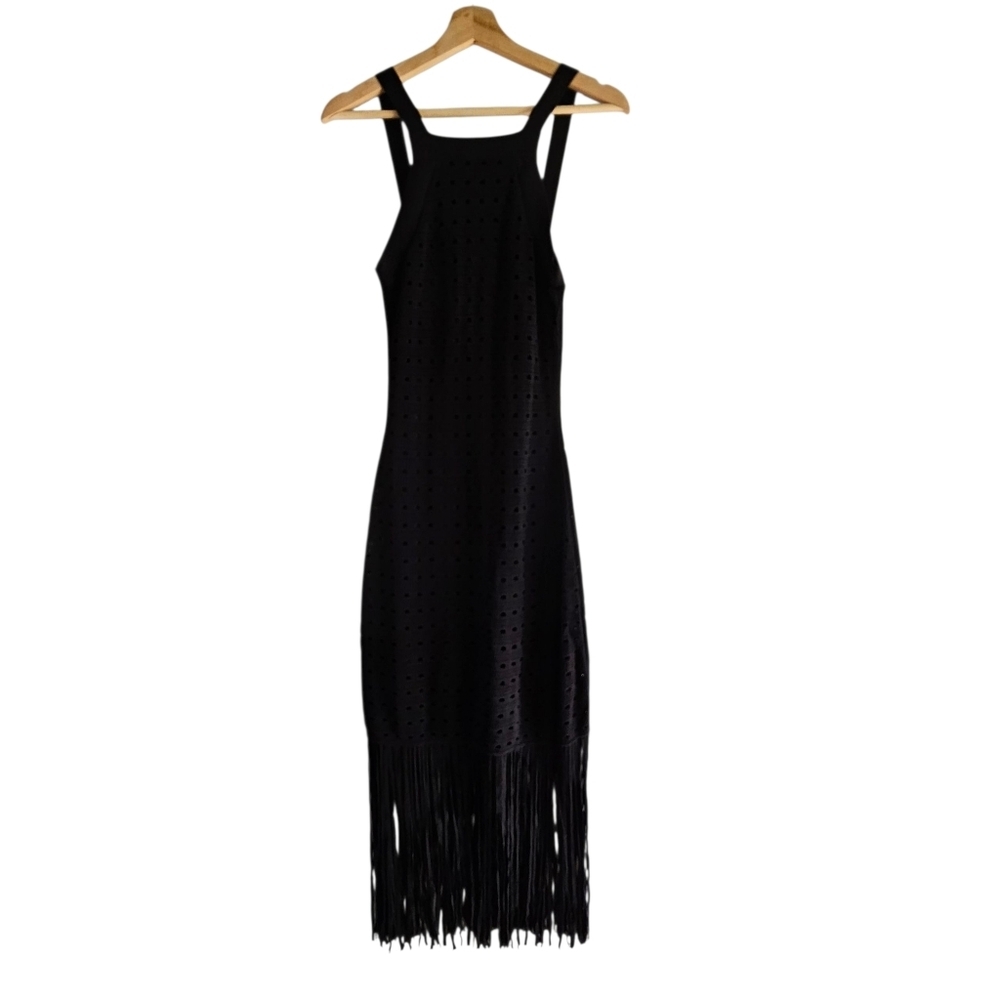 ​House of Harlow 1960 Black Crochet Fringe Midi Dress, Boho Flapper Office, XS